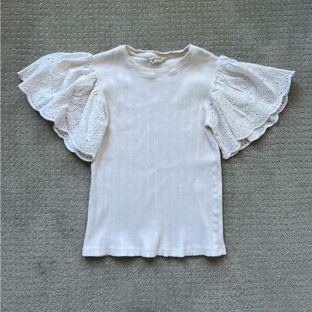 Girl’s Jessica Simpson off White Eyelet Flutter Sleeve Ribbed Top